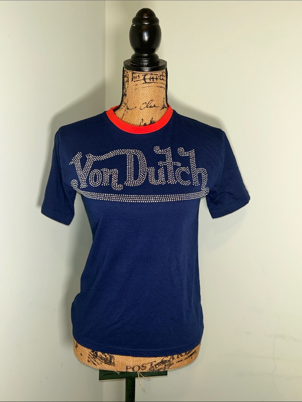 Mini Von Dutch Navy Tee Red Crew Neck Rhinestone Bling Sparkly Logo Kids 10/12